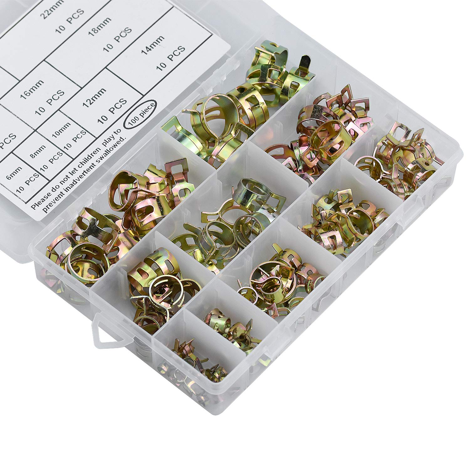 Demason 100 PCS Spring Hose Clips Fuel Line Water Pipe Air Tube Silicone Vacuum Hose Clamp Fastener (6mm 8mm 10mm 12mm 14mm 15mm 16mm 18mm 20mm 22mm)