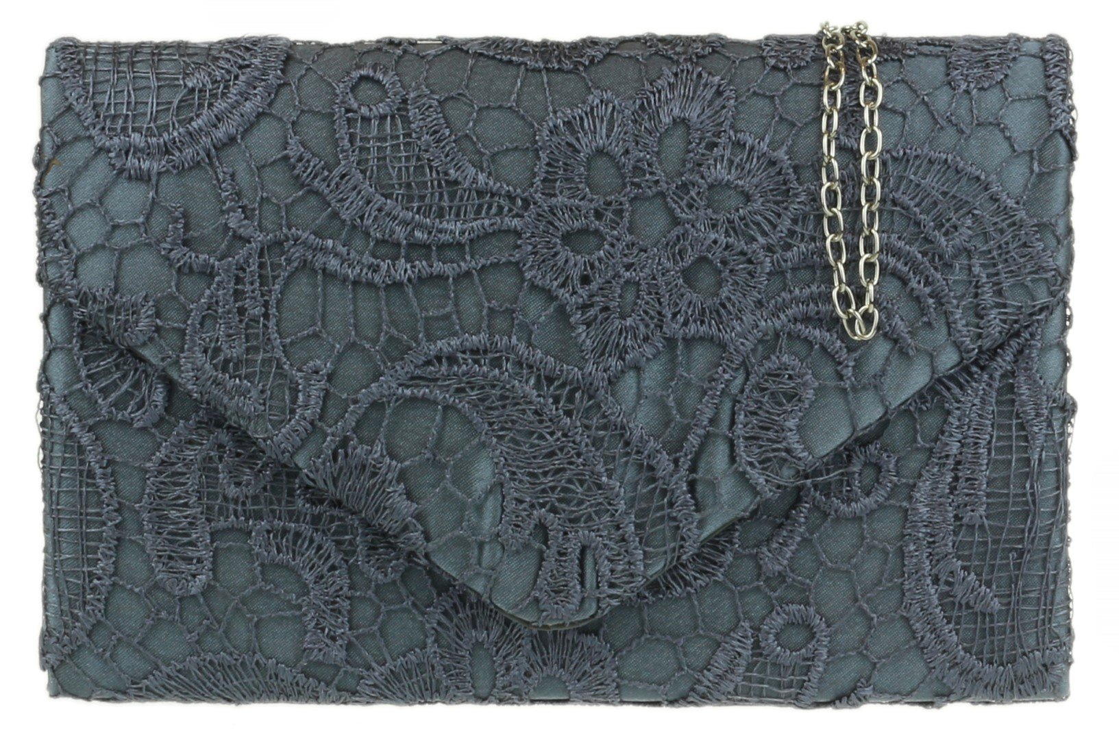 Girly Handbags Womens Satin Lace Clutch Bag Envelope Evening Bag Purse Floral Wedding Handbag - Grey
