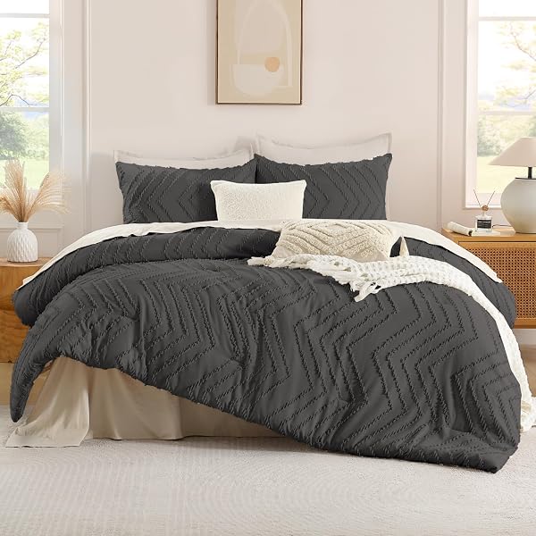 ANDENCY DARK GREY OVERSIZED SUPER KING COMFORTER SET 120X120, EXTRA LARGE KING SIZE COMFORTER OVERSIZE BOHO SOFT WARM BEDDING COMFORTER SETS, 3 PIECES AESTHETIC CHEVRON TEXTURED BEDDING SET