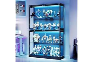AMERLIFE RGB Display Cabinet with Adjustable Glass Shelves, 4-Tier Storage Case with LED Lights & Press-to-Open Doors, Modern Display Shelf for Collectibles, Black 70" H×45" L×16" D