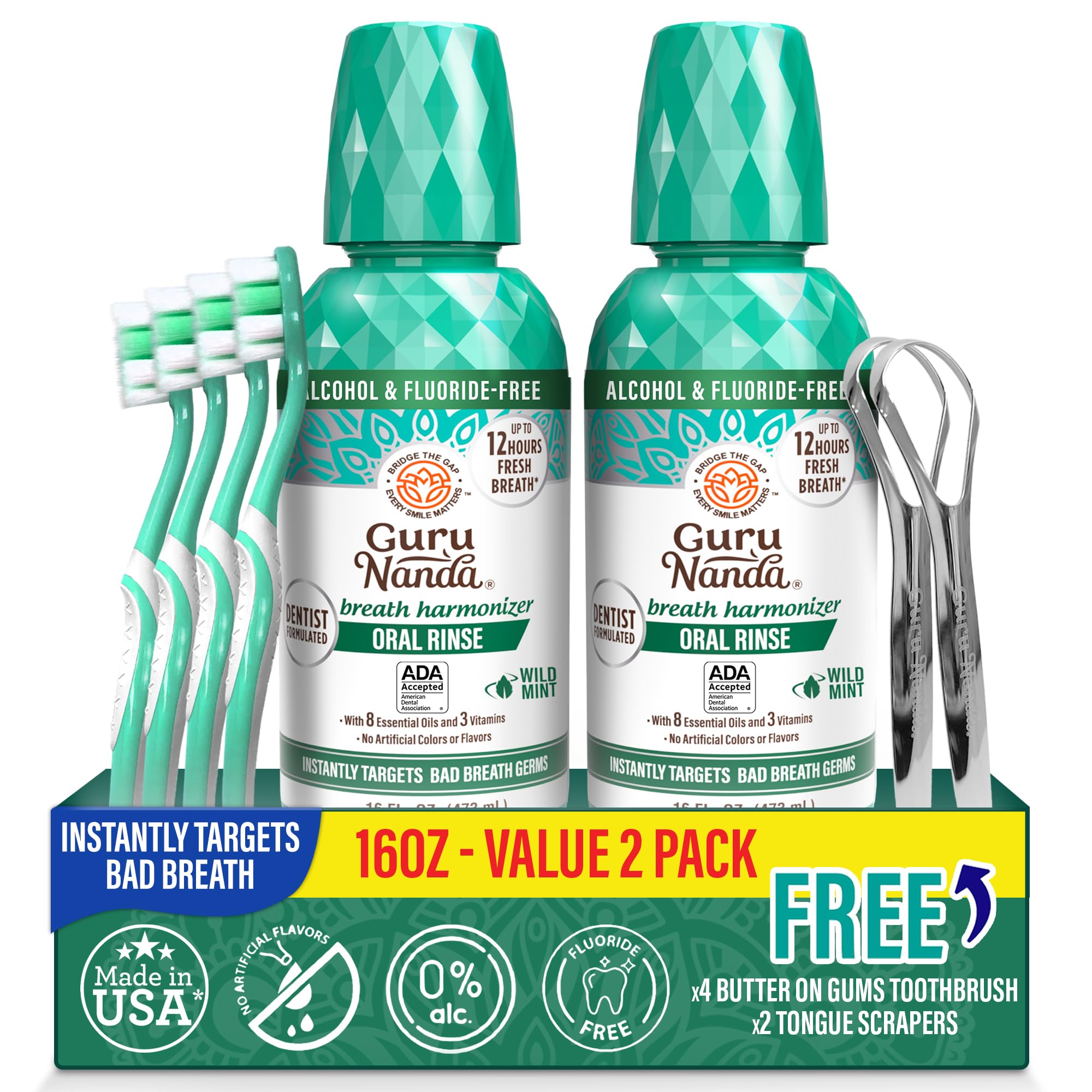 Photo 1 of GuruNanda Fresh Breath Mouthwash, ADA-Accepted, Alcohol & Fluoride-Free, Sodium Chlorite, Essential Oils & Vitamins, 12-Hrs Fresh Breath, Wild Mint, 16 oz - 2 Pack