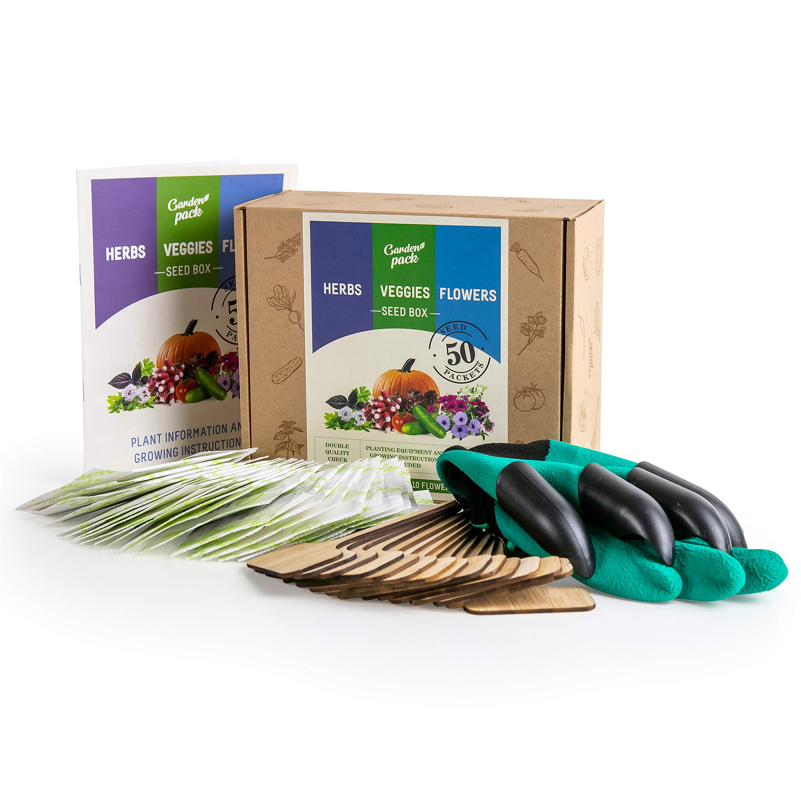 Garden Pack Grow Your Own Kits - Ultimate 50 Variety Veg, Herb & Flower Seeds with 20,000+ Seeds, Bamboo Markers & Claw Gloves