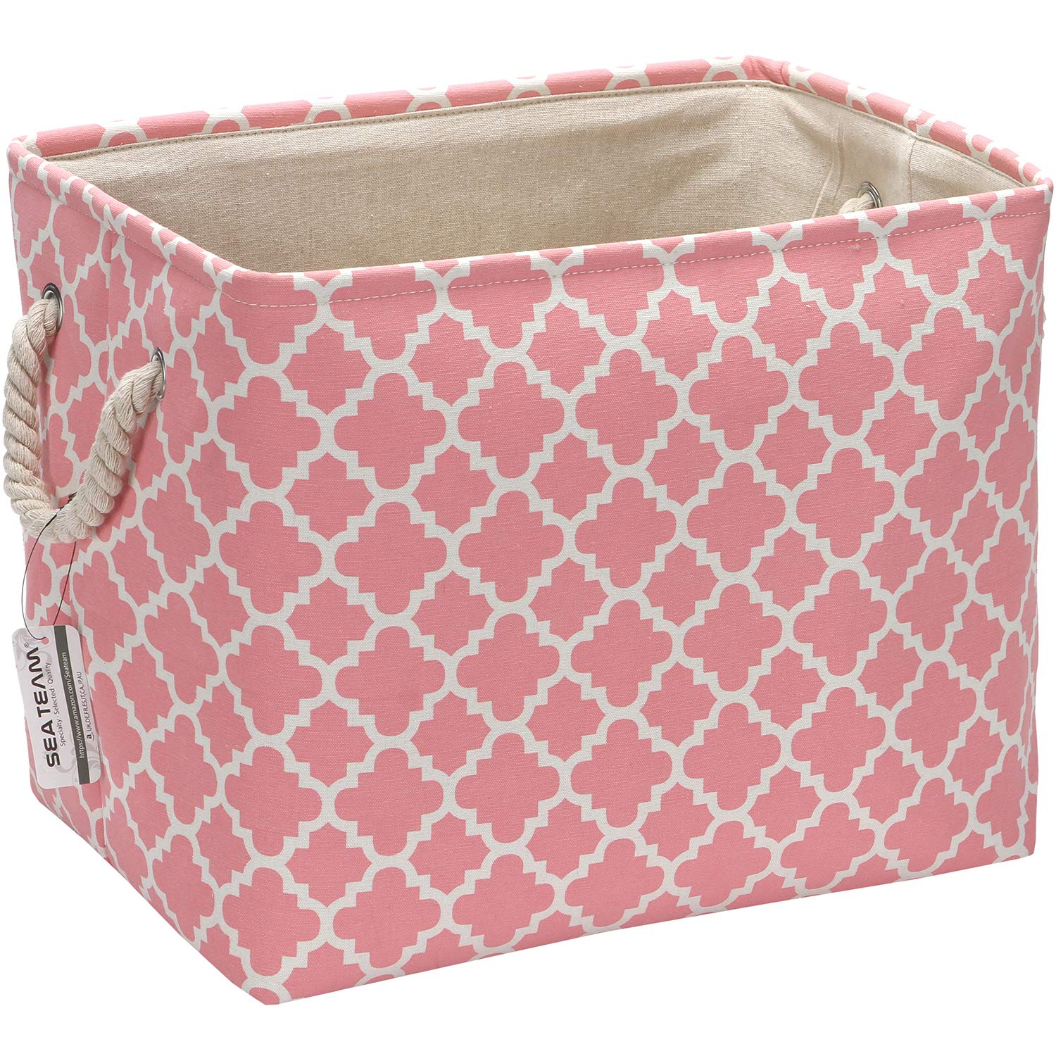 Sea Team Thickened Canvas Fabric Storage Basket with Cotton Rope Handles, Rectangle Storage Bin Organizer, 16.5 x 12 x 13 Inches, Pink