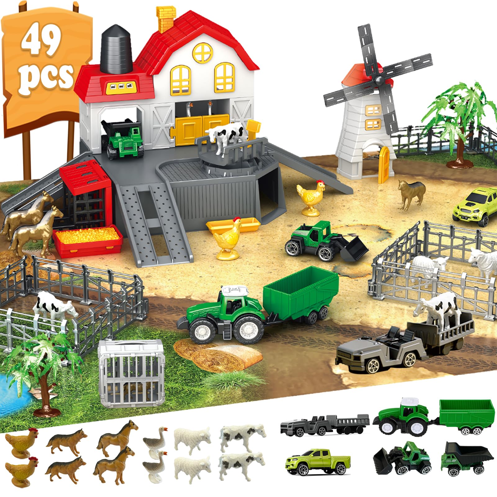 Photo 1 of Frontoytall Farm Toy PlaySet, 49 Piece Barn House - 12 Animal Figurines, Tractor Truck, Fences, Play Mat , Educational Learning Toys for Kids Ages 3-12 (ASTM Certified)
