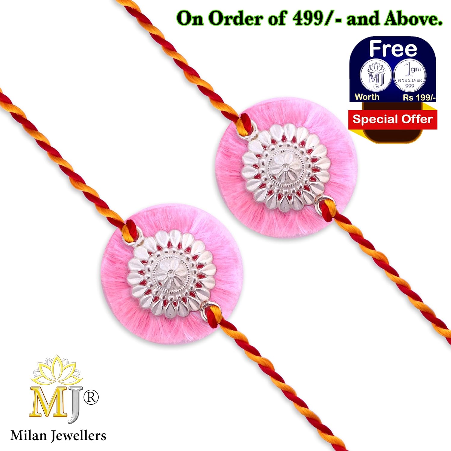 milan jewellers 99.5% fine silver certified best rakhi for men/boys - pack of 2 (multi-colour)