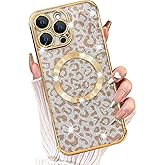 Fiyart Designed for iPhone 16 Pro Case,Compatible with MagSafe Cheetah Print Plating Camera Protection Magnetic Clear Glitter Leopard Print Shockproof Phone Bumper for Women Girls 6.3"-Gold