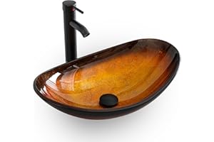 eclife 21.5" Bathroom Vessel Sink Modern Artistic Single Brown Boat Tempered Glass Basin Countertop Bowl Sink for Lavatory Vanity Cabinet, W/Water Save Faucet Pop Up Drain (A29BR)