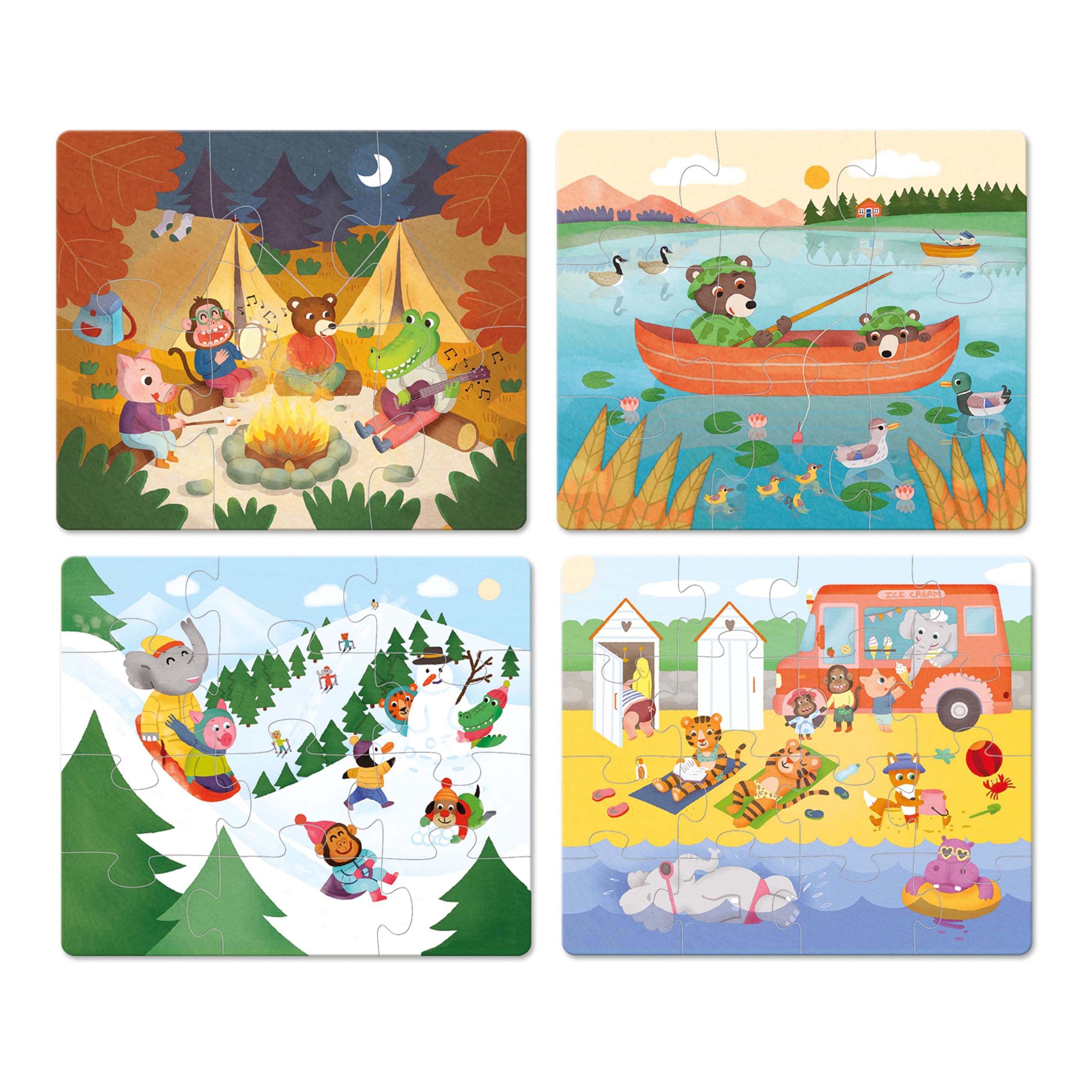 Vilac 4 Wooden Jigsaw Puzzles, 2 Years+, 6, 9, 12, 16-Pieces for 4 Holiday Theme Scenes