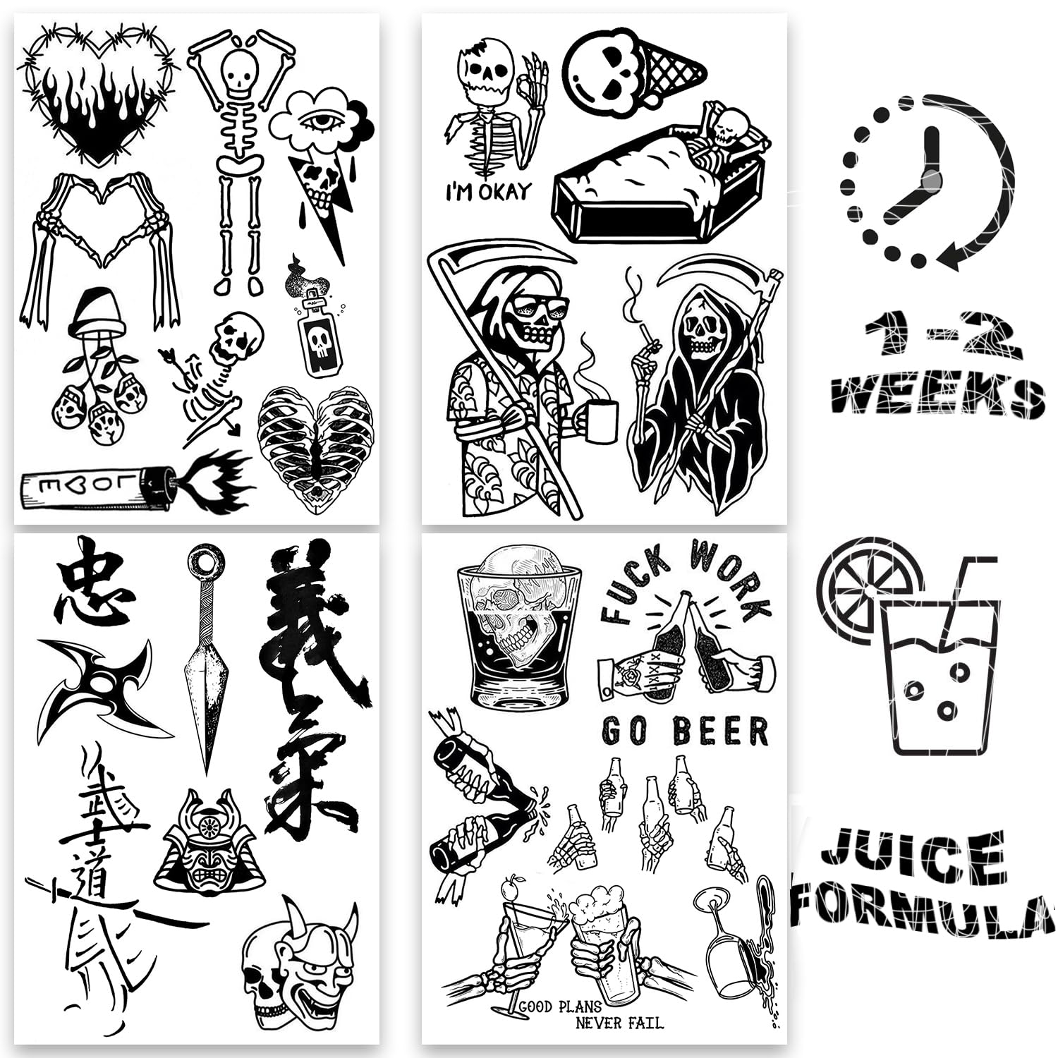 AWAKEN Temporary Fake Tattoos for Men Semi-Permanent Bra Stickers Waterproof Lasts 1-2 Weeks Set of 4 Pieces (SET BLACK 01)