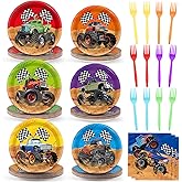 96Pcs Monster Truck Plates and Napkins - Forks for Truck Themed Party Decorations - Serves 24 - Racing Car Supplies