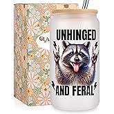 Fairy's Gift Raccoon Iced Coffee Cup, Cute Racoon Frosted Glass Tumbler w/Lid Straw, Feral Mom Gifts, Raccoon Cup - Unhinged and Feral - Funny Valentines Birthday Racoon Gifts for Women Wild Mom Girl
