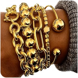 Gold Bracelets for Women, 5PC Gold Plated Stackable Chunky Bangle Set | 5 distinct styles in 1 set, adjustable & elastic fit