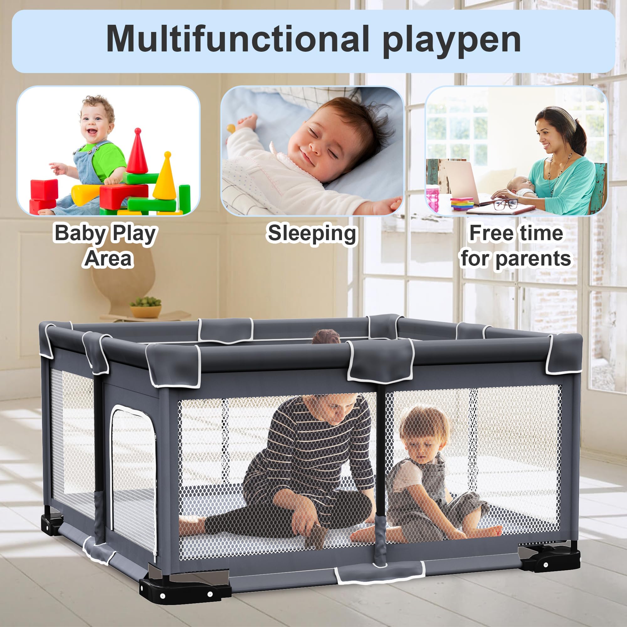 Grobeybees Foldable Baby Playpen with Mat, Foldable Playpen for Babies and Toddlers, Folding Portable Kids Play Pen, Collapsible Play Yard with 2 Handles + Suitable Size Mat(Grey, 50x50 inches)