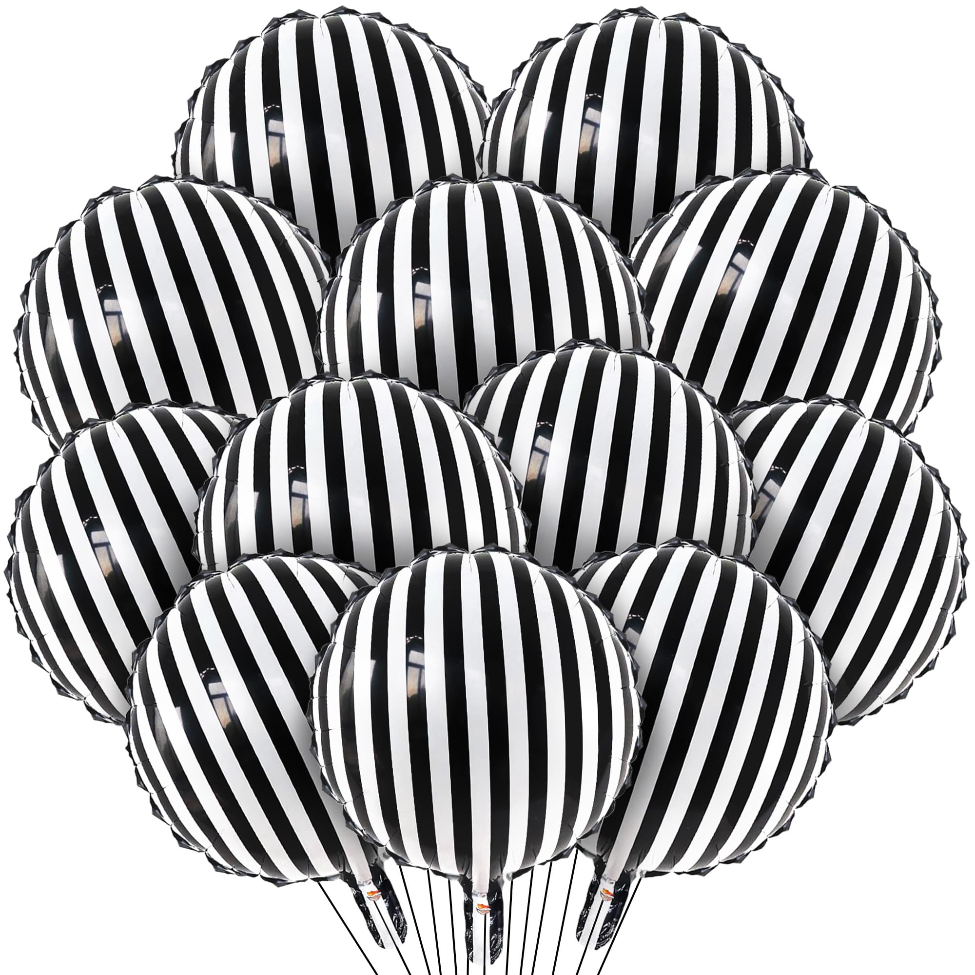 Photo 1 of Black and White Striped Balloons, 18 Inch Halloween Foil Black Striped Balloons, Reusable Aluminum Helium Balloon for Birthday, Baby Shower, Halloween Party Decorations