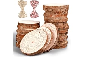 Unfinished Natural Wood Slices, 30Pcs 3.1-3.9 inch Wooden Circles Predrilled with Hole, Round Wood Discs with Twine, Craft Wo