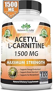 Acetyl L-Carnitine 1,500 mg High Potency Supports Natural Energy Production, Supports Memory/Focus - 100 Veggie Capsules