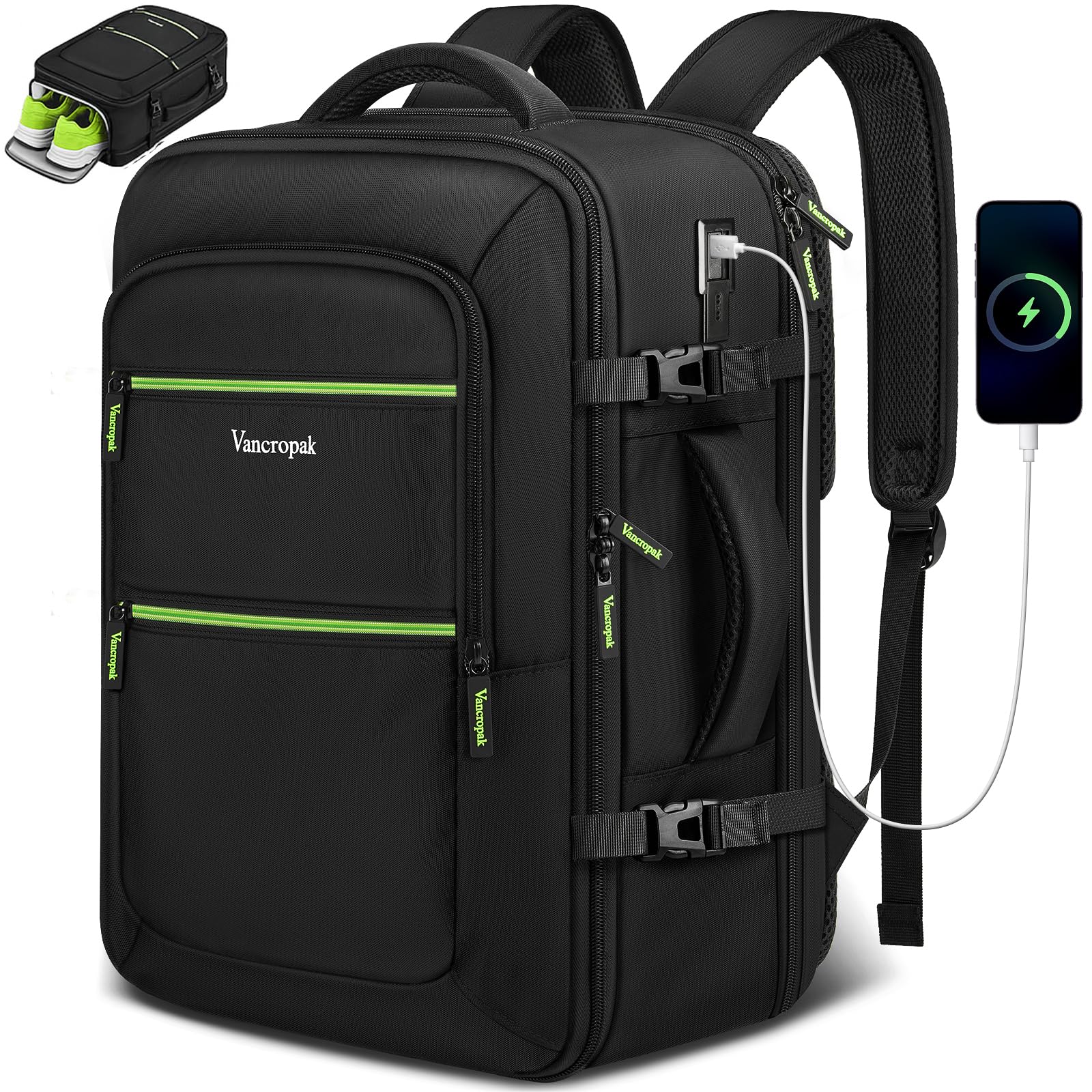 Photo 1 of Vancropak Travel Backpack with Shoe Compartment Removable, Airline Approved Carry on Backpack Fits 17.3" Laptop, TSA Personal Item Bag with USB Port, Large Luggage Suitcase Bag for Men & Women, Black