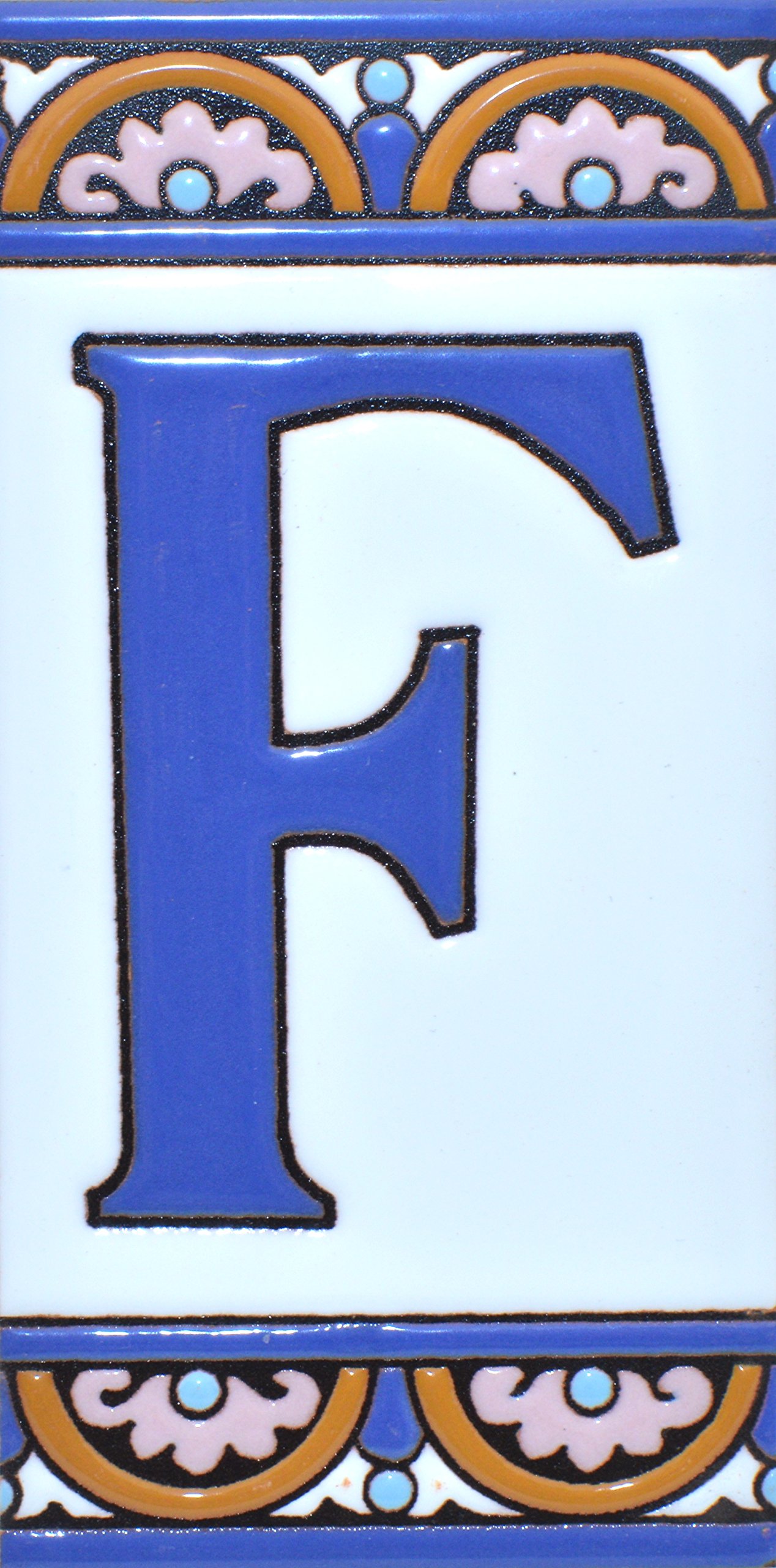 House letters 6 inch. Handpainted house letter tiles for signs, addresses and names. Address numbers for houses. House address numbers and letters. Design ARCO GRANDE 5,86" x 2,91" (LETTER F)