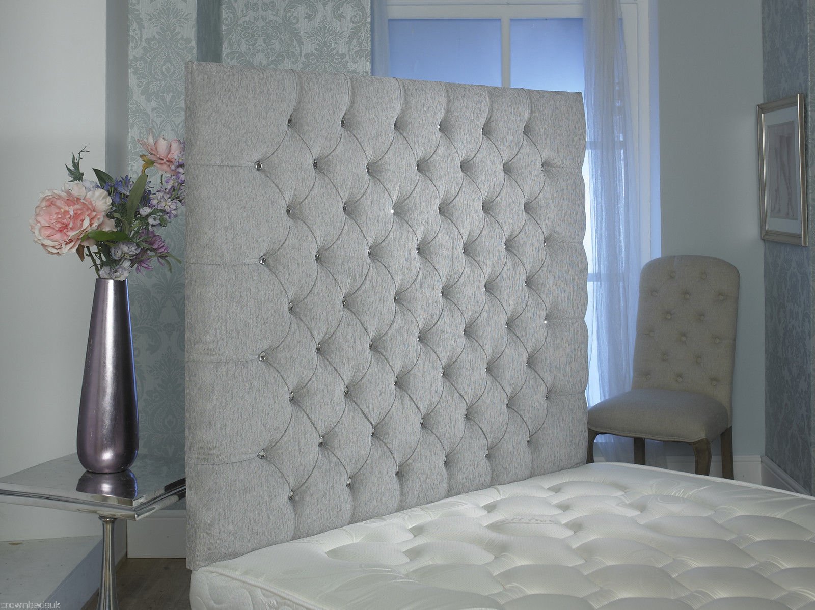 CROWNBEDSUK CHESTERFIELD WALL HEADBOARD CHENILLE IN 2ft6,3ft,4ft,4ft6,5ft,6ft 36'' OR 44 '' HEIGHT MATCHING BUTTONS (6FT SUPER KINGSIZE 36'', Light grey)