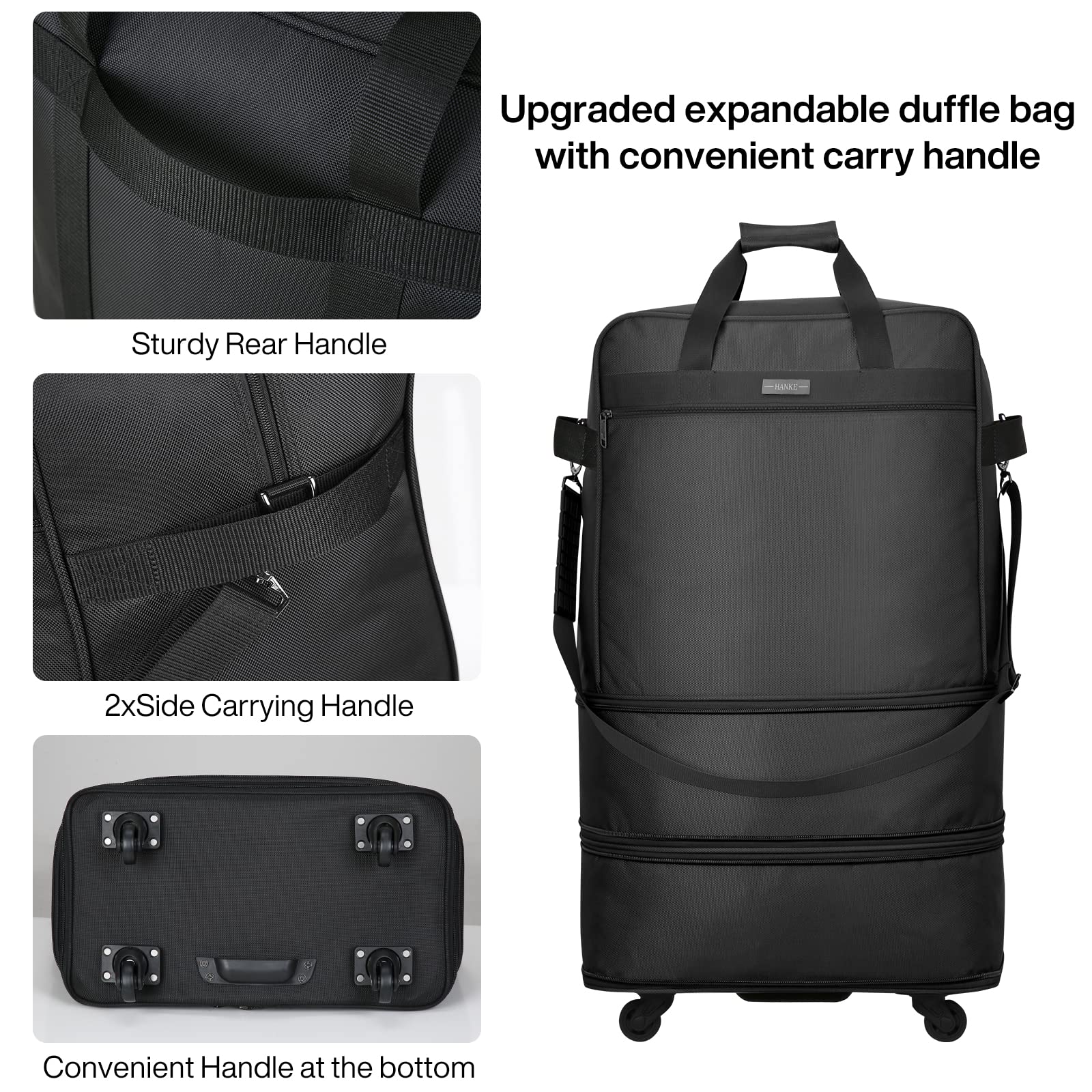 Hanke Suitcases with Wheels Expandable Foldable Luggage Bag Suitcase Collapsible Rolling Travel Bag Duffel Bag for Men Women Lightweight Suitcases without Telescoping Handle, Black