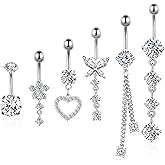 BSJ4U Belly Button Ring Gold Plated Silver CZ Belly Rings for Women Heart Butterfly Flower Dangle Navel Belly Button Piercing Jewelry