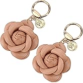 BuleVina 2 Pcs Camellia Leather Flower Keychain Hoop Purse Charm - Floral Jewelry Car Decoration for Women Handbag, Backpack, Pendant Accessories, PU Tassel Keyring Holder, Birthday Christmas Gift