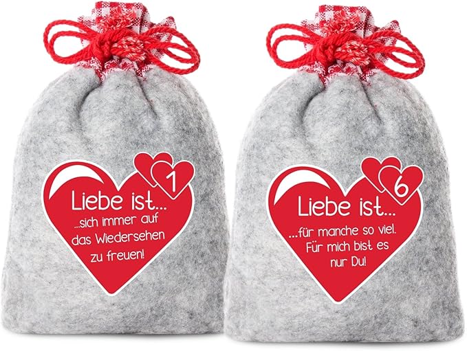 24 Adventskalender Säckchen (10 x 15 cm) aus Filz mit 24"Liebe ist