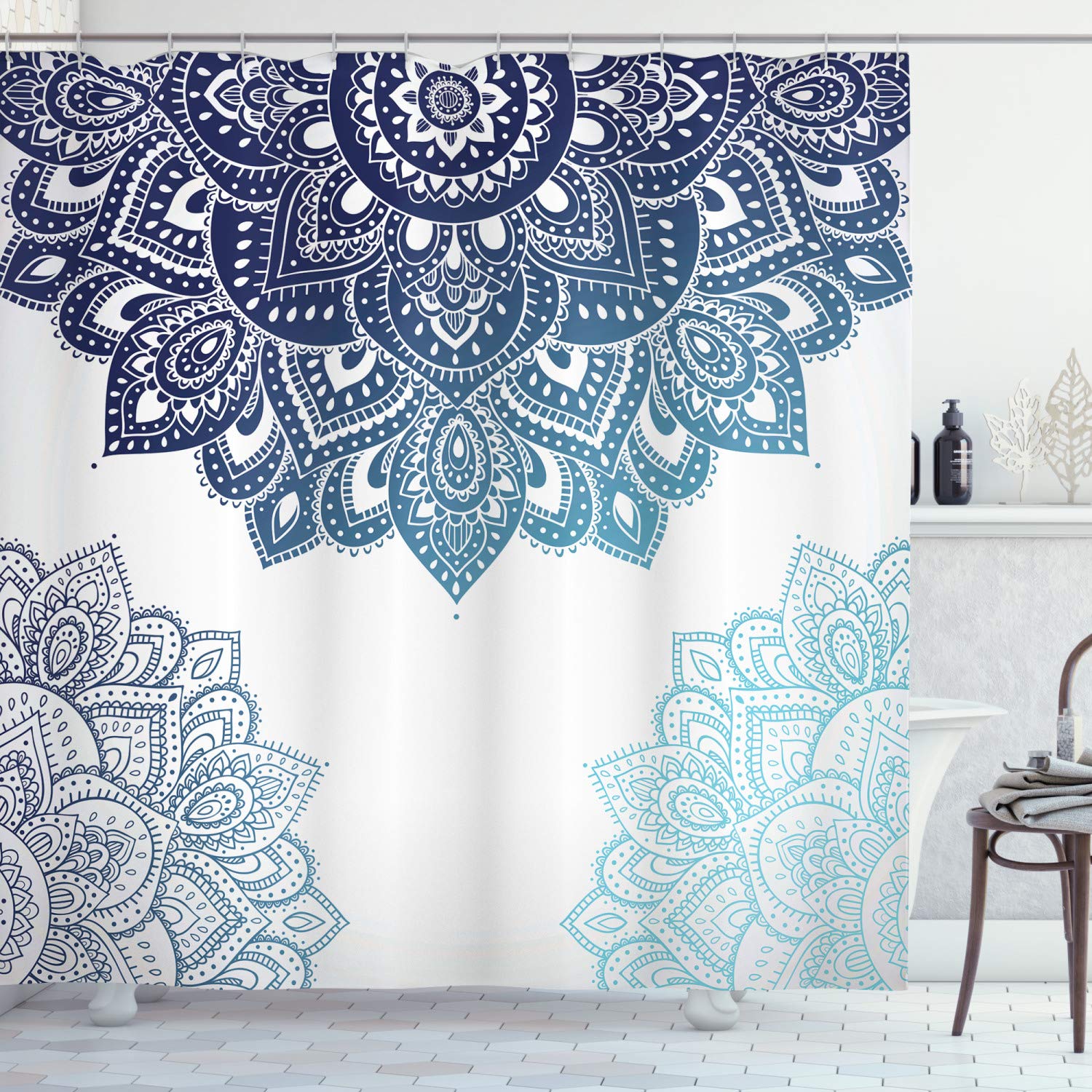 ABAKUHAUS Flora Shower Curtain, Vibrant Colored Mandala, Cloth Fabric Bathroom Decor Set with Hooks, 94 Inches, Pale Blue Dark Blue โ image 1