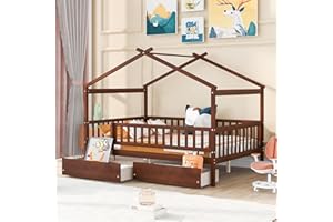 Harper & Bright Designs Full Size House Bed for Kids, Wooden House Bed Full with Storage Drawers, Kids Full Bed Frames with Roof & Fence Design for Girls Boys, Walnut