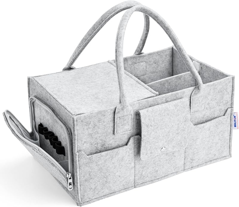 Maliton Nappy Caddy with Lid Grey - Large Portable Diaper Organizer