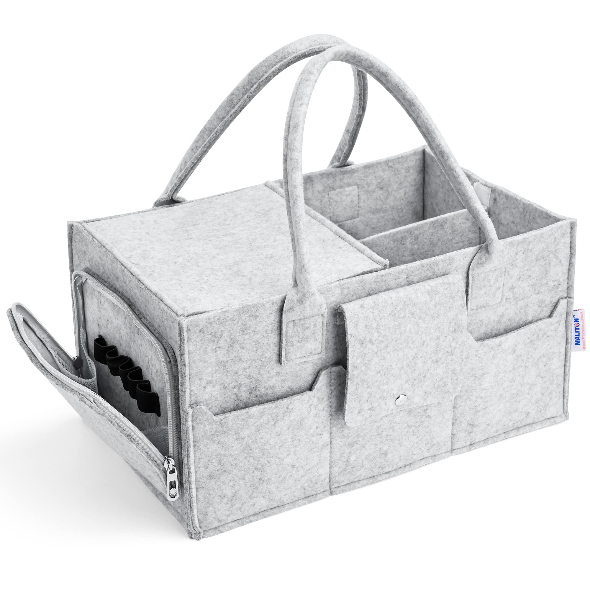 Maliton Nappy Caddy with Lid - Sturdy Portable Washable Diaper Organizer, Sturdy Portable Washable Baby Caddy with Detachable Compartments. Nappy Organiser, Baby Shower Gifts for Mum,Grey