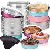 Acellegic 60 Pack Mini Cake Pans with Lids 8oz Disposable Ramekins Aluminum Foil Small Cake Baking Pans Round Mini Pie Loaf Tart Tins with 60 Spoon Cupcake Muffin Container for Christmas Wedding Party