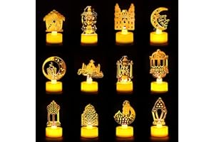 PUPPY GO Ramadan Lights Decorations for Home, 12PCS Eid Mubarak LED Tea Lights Battery Operated, Moon Star Lantern Warm Flameless Night Lights Gift for Ramadan Table Decor