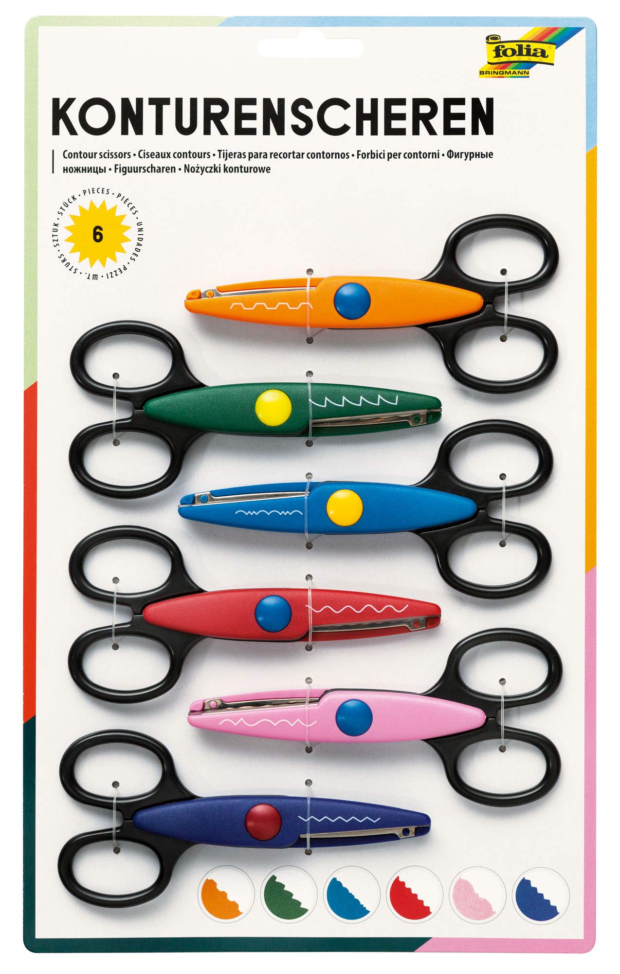 folia 799/6 Contour Scissors Set, Craft Scissors, 6 Pieces, Assorted with Various Cutting Patterns