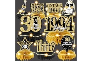 Bumqviy 9Pcs 30th Birthday Honeycomb Centerpieces Decorations with String Lights for Men Women, Black Gold Vintage 1994 Aged to Perfection Table Party Supplies, 30 Year Old Birthday Party Table Sign