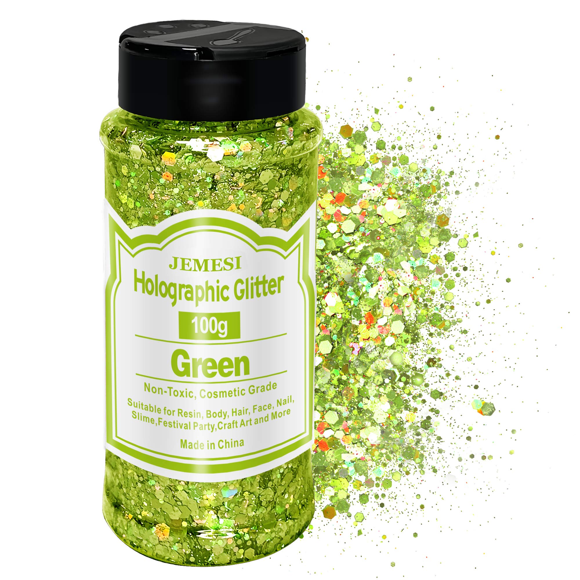 Holographic Chunky Glitter, JEMESI 100g Resin Glitter Craft Glitter, Cosmetic Nail Glitter, Glitter for Resin Arts Crafts, Body, Face, Nail, Glitter Slime Making - Green