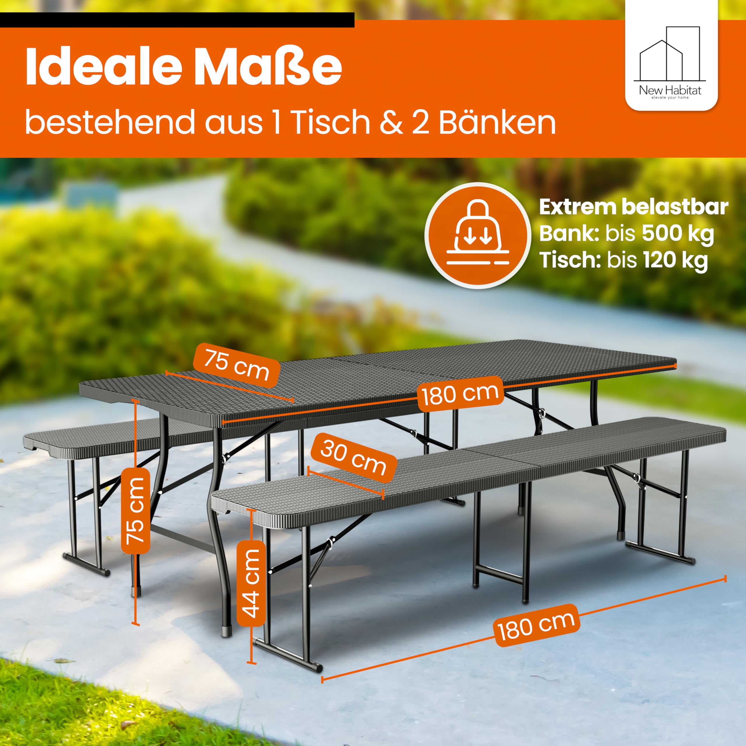 NewHabitat Kunststoff Bierzeltgarnitur Klappbar I 3er Set, Tisch + 2 x Bank mit Tragegriffe, Biertischgarnitur, Festzeltgarnitur, Bierbank klappbar, HxBxT: 75x180x75 cm (Schwarz) 2