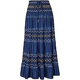 DREFBUFY Maxi Skirt Womens High Waist Pleated Tiered Long Skirts Denim Casual Style Midi Dress for Women