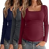 Baggyfly 3 Pack Women's Maternity Shirts Long Sleeve Side Ruched Pregnancy Tops Square Neck Basic Tunic Knit Mama Clothes