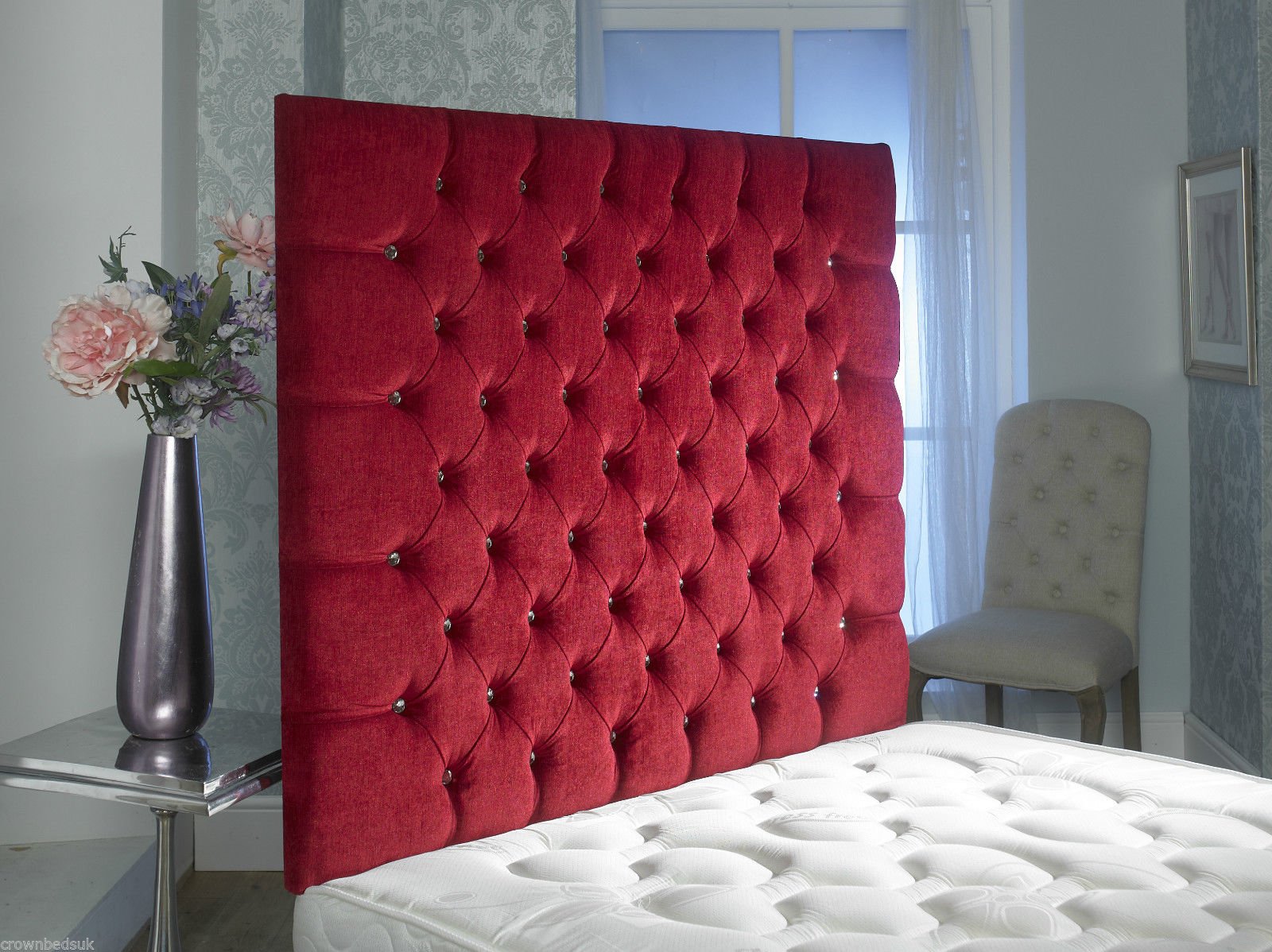 CROWNBEDSUK CHESTERFIELD WALL HEADBOARD CHENILLE IN 2ft6,3ft,4ft,4ft6,5ft,6ft Height 44'' MATCHING BUTTONS (4FT6 DOUBLE, Red) — image 1