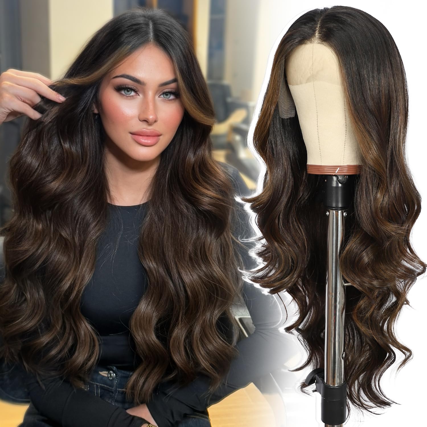 SOMIARIK Chocolate Brown Long Wavy Lace Front Wig, 13x4 Synthetic Lace Front Wig for Women Pre plucked Bleached Knots With Baby Hair Heat Resistant Fiber Hair Highlight Wigs Party Daily 26 Inches — image 1