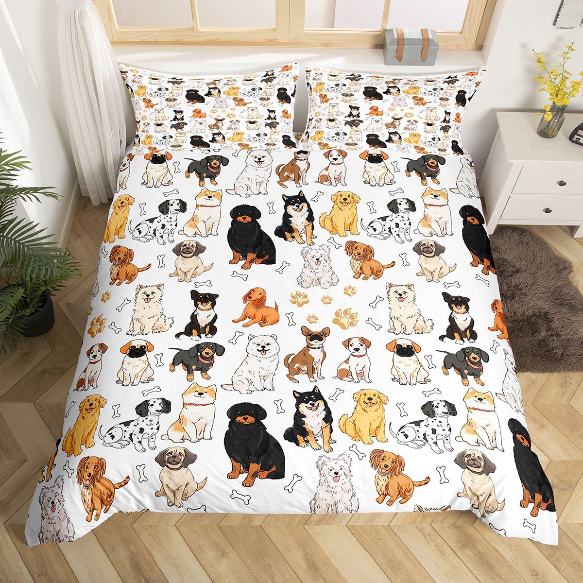 Homewish Cute Dog Duvet Cover King Size Pug Corgi Puppy Comforter Cover Watercolor Animal Grey Reversible Bedding Set For Kids Boys Teens Bedroom Dorm Decor Dog Lovers Quilt Cover 2 Pillow Cases