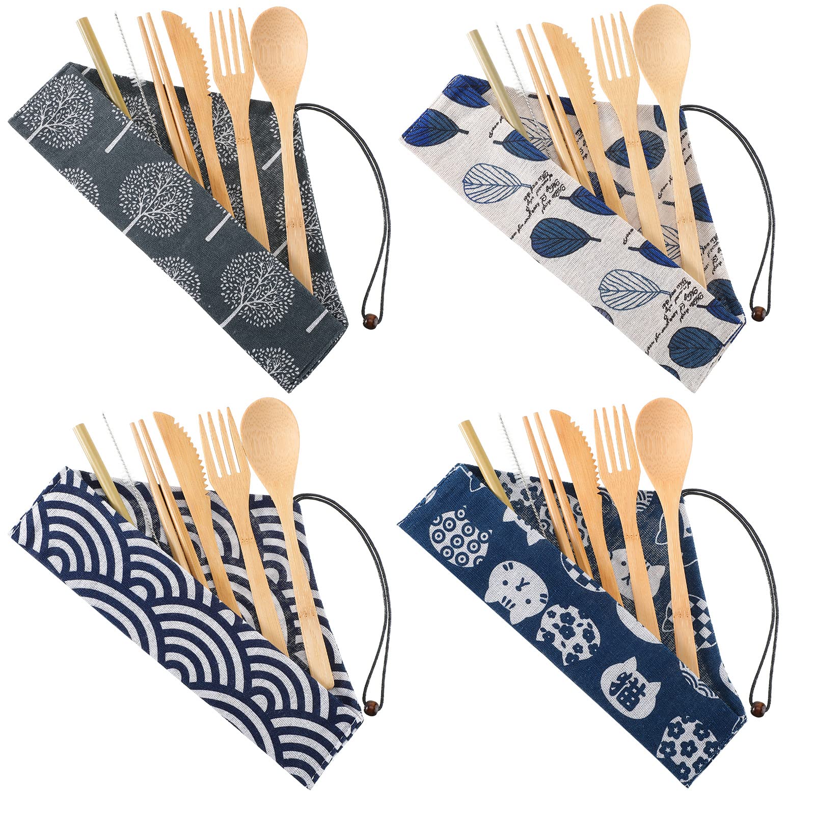 Photo 1 of 4 Sets Bamboo Utensil Travel Cutlery Set, Reusable Bamboo Utensil Fork Knife Spoon Chopsticks Straw Cleaning Brush for Eating Travel Picnic Office School (Vintage Style)