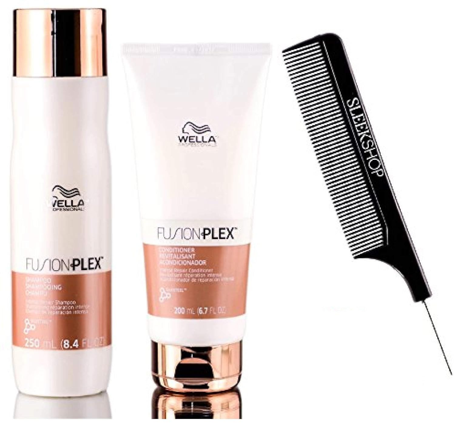 Wella FUSION PLEX Intense Repair Shampoo & Conditioner DUO SET (with Sleek Steel Pin Tail Comb) (8.4 oz + 6.7 oz - DUO Kit)