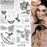 Halloween Temporary Tattoos, 4 Sheets Joker Tattoos Fake Temporary Tattoos Sticker for Men & Women, Perfect for Halloween, Cosplay, Costumes and Party Accessories