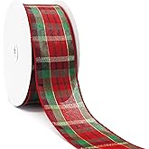 CT CRAFT LLC Red and Green Plaid Wired Ribbon 2.5 Inch x 50 Yards for Christmas Home Decor Tree Topper Bow Gift Wrapping DIY 