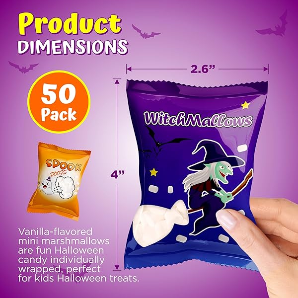 50 PACK ASSORTED HALLOWEENS MINI MARSHMALLOWS INDIVIDUALLY WRAPPED, WITCHMALLOW & SPOOK POOF, VANILLA FLAVORED, HALLOWEENS THEMED SNACKS BULK, KIDS FUN HALLOWEEN CANDY BULK FOR TRICK OR TREAT