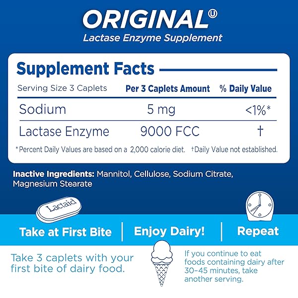 LACTAID ORIGINAL STRENGTH LACTOSE INTOLERANCE CAPLETS, 9000 FCC LACTASE ENZYME CAPLETS, HELPS PRE-VENT GAS, BLOATING & DIARRHEA DUE TO LACTOSE SENSITIVITY IN ADULTS & KIDS AGES 4+, 120 COUNT