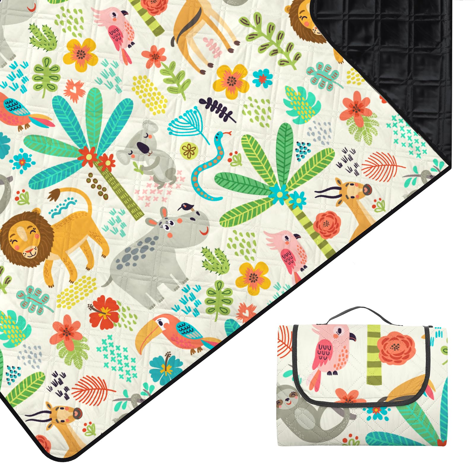 Outplea Zoo Picnic Blanket 200x200cm Waterproof for Family Kids, Large Padded Quilted Picnic Mat Outdoor Rug Sandproof for Camping Beach Garden, Machine Washable