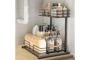 LAMU Under Sink Organizers and Storage, 2-Tier Bathroom Kitchen Cabinet Organizers and Storage,Pull Out Under Sink Storage for Bathroom Kitchen,Kitchen Shelf Organizer Under Counter Storage Organizer